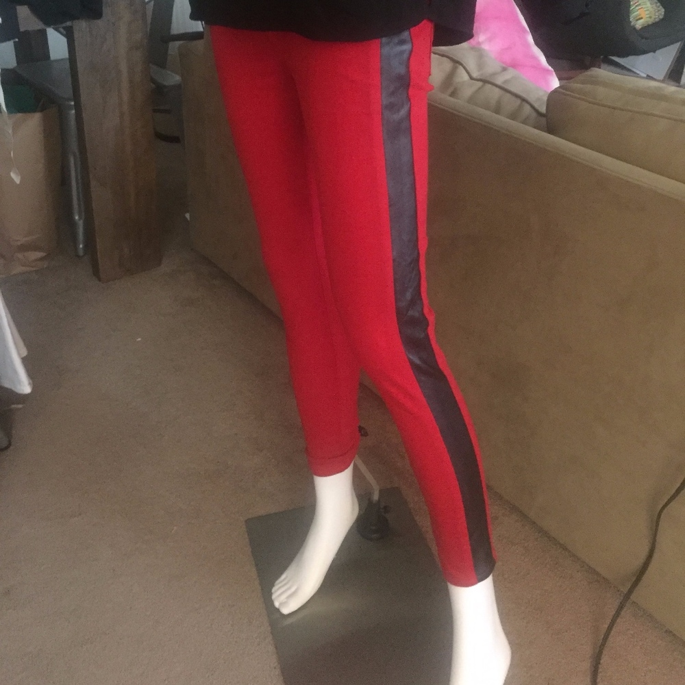 HUDSON RED SKINNY JEANS W/ BLACK LEATHER STRIPE